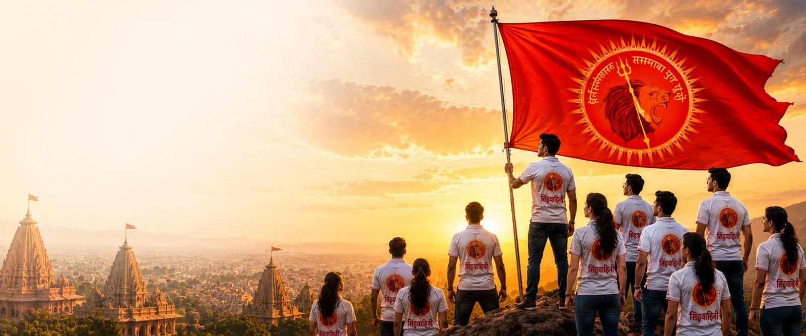 SinghaBahini volunteers with organisation flag